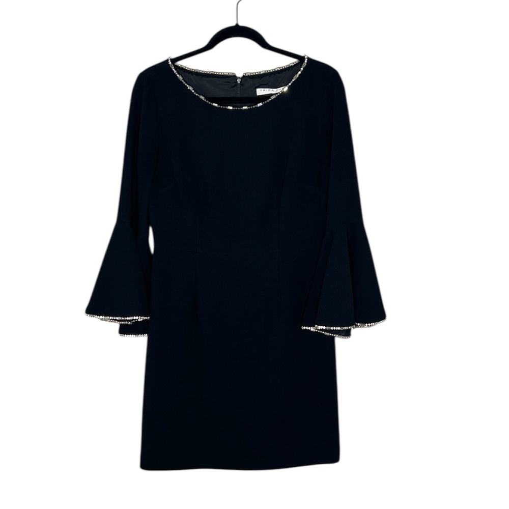 TRINA TURK Bromley Jeweled Trim Bell Sleeve Black Dress